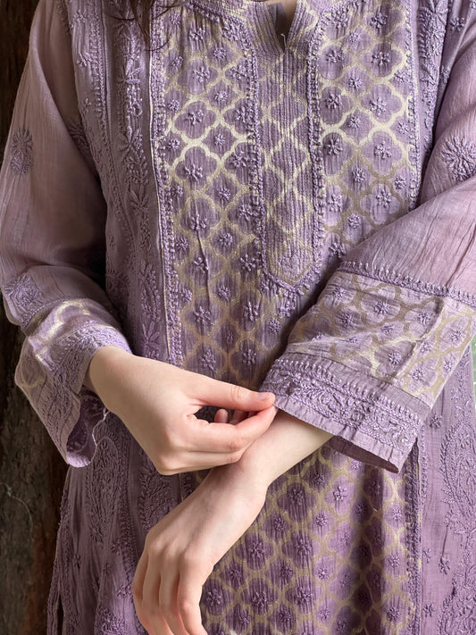 Purple Zari Chanderi Chikankari A Line Kurta with Slip