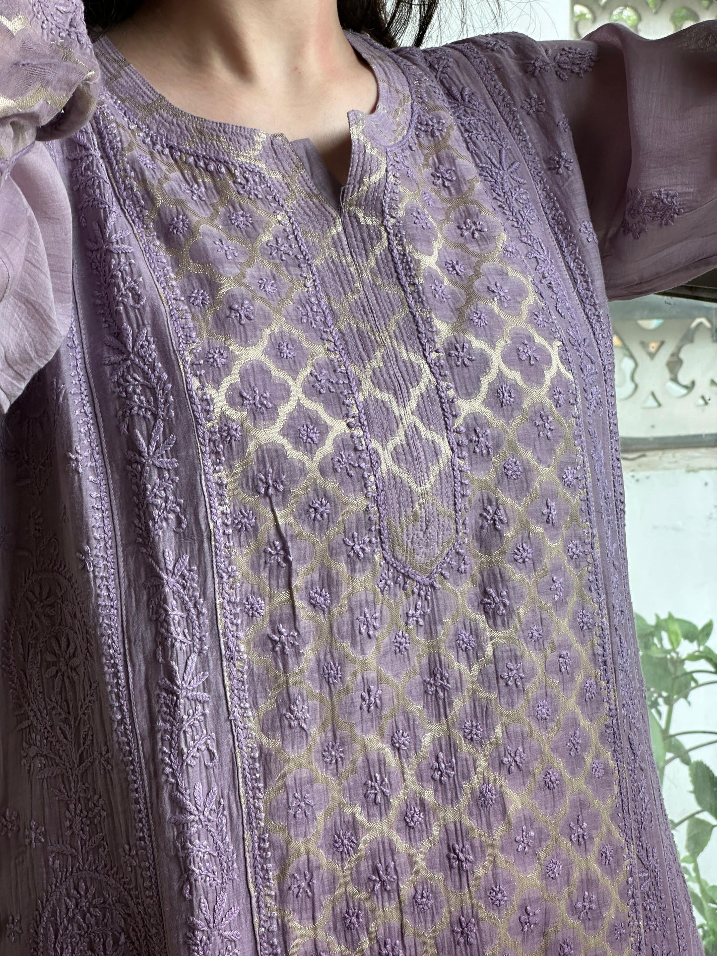 Purple Zari Chanderi Chikankari A Line Kurta with Slip