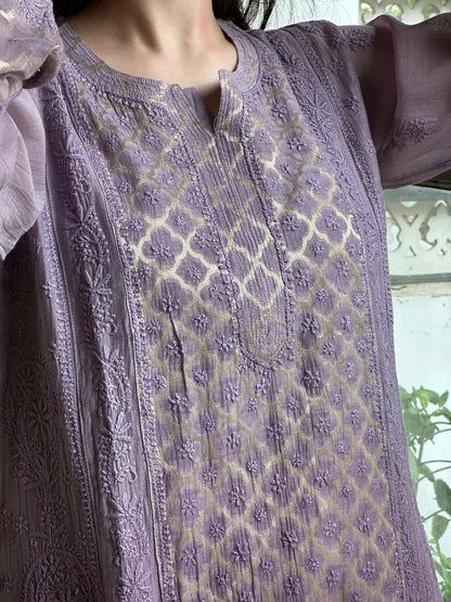 Purple Zari Chanderi Chikankari A Line Kurta with Slip