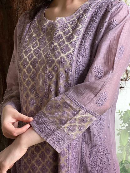 Purple Zari Chanderi Chikankari A Line Kurta with Slip