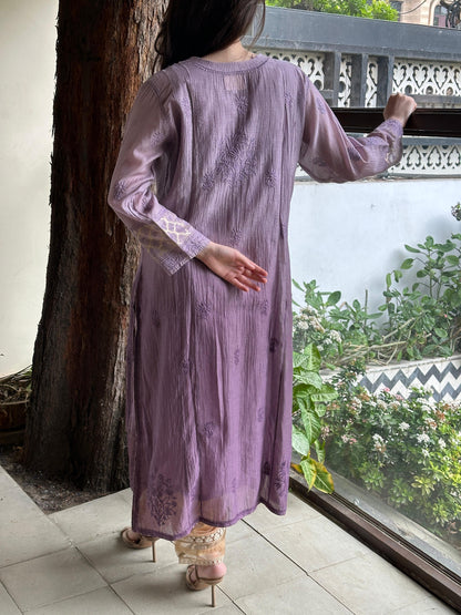 Purple Zari Chanderi Chikankari A Line Kurta with Slip