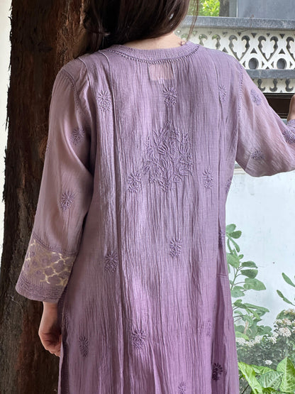 Purple Zari Chanderi Chikankari A Line Kurta with Slip
