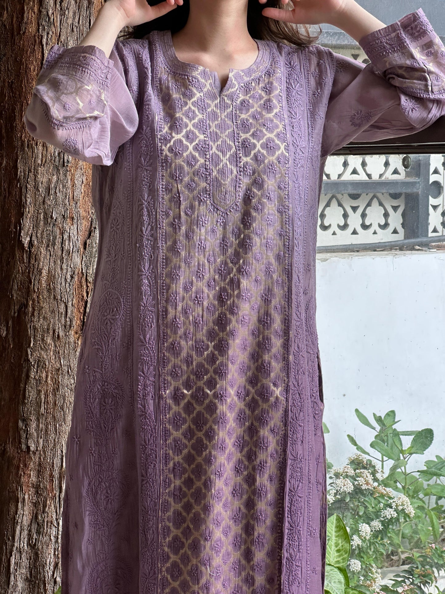 Purple Zari Chanderi Chikankari A Line Kurta with Slip