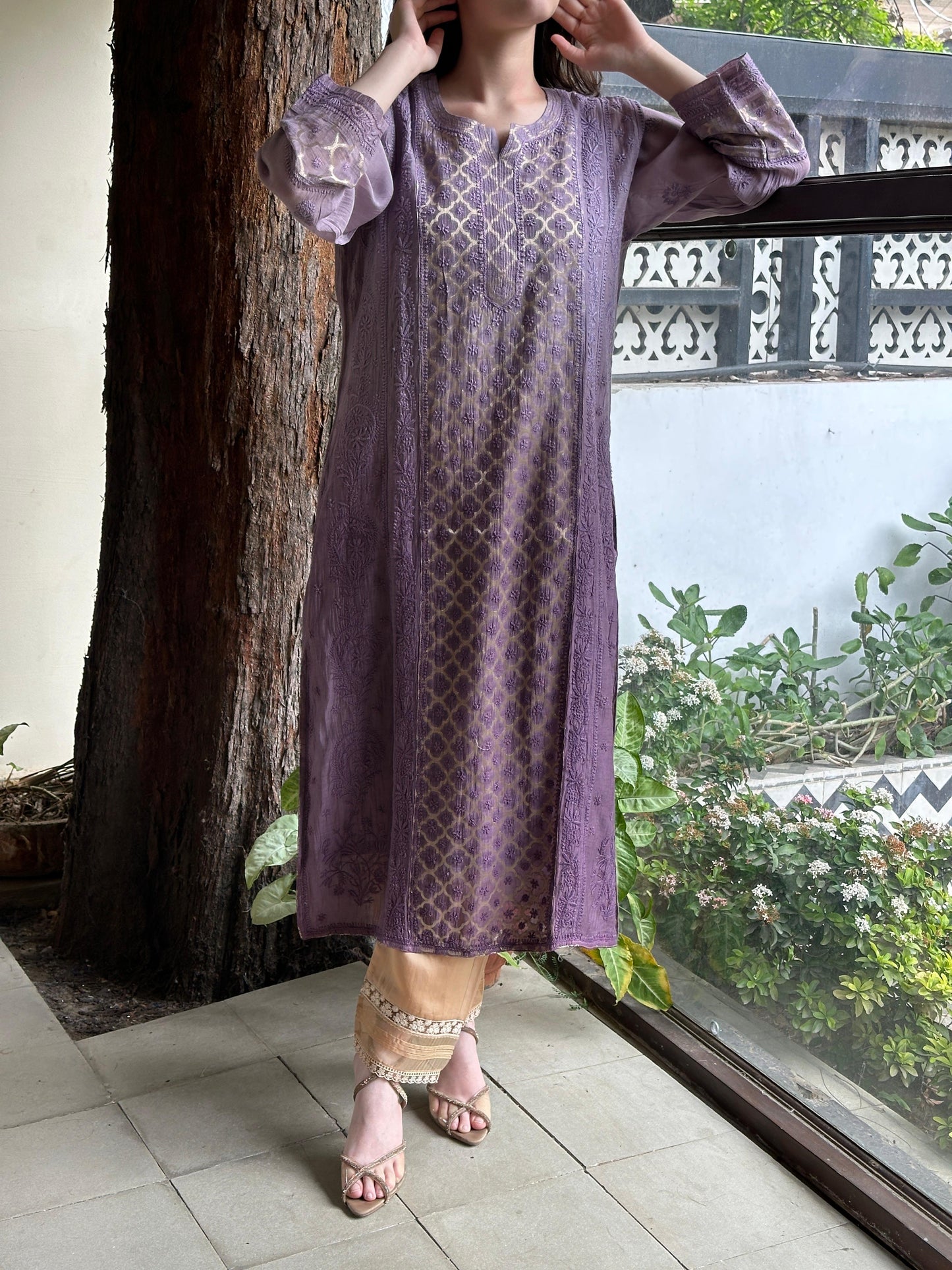 Purple Zari Chanderi Chikankari A Line Kurta with Slip