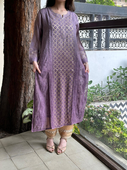 Purple Zari Chanderi Chikankari A Line Kurta with Slip