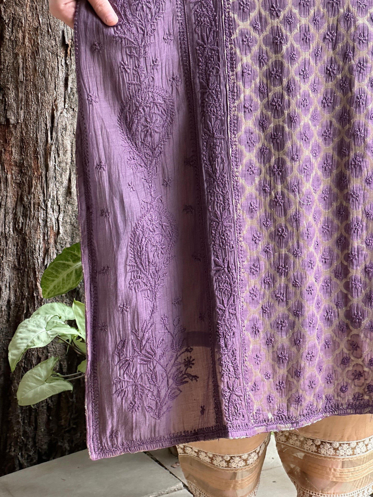 Purple Zari Chanderi Chikankari A Line Kurta with Slip