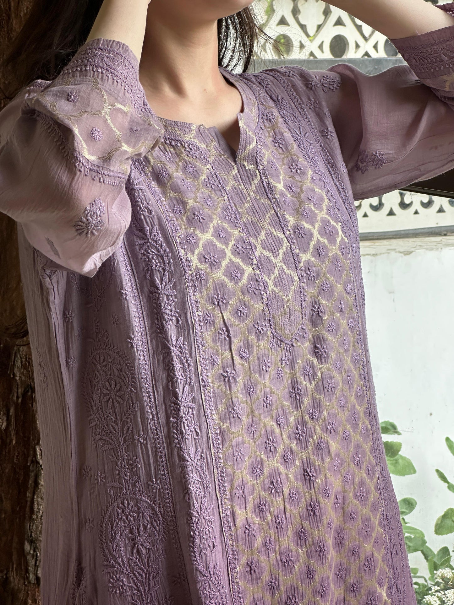 Purple Zari Chanderi Chikankari A Line Kurta with Slip