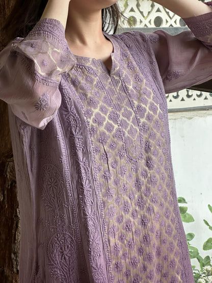 Purple Zari Chanderi Chikankari A Line Kurta with Slip
