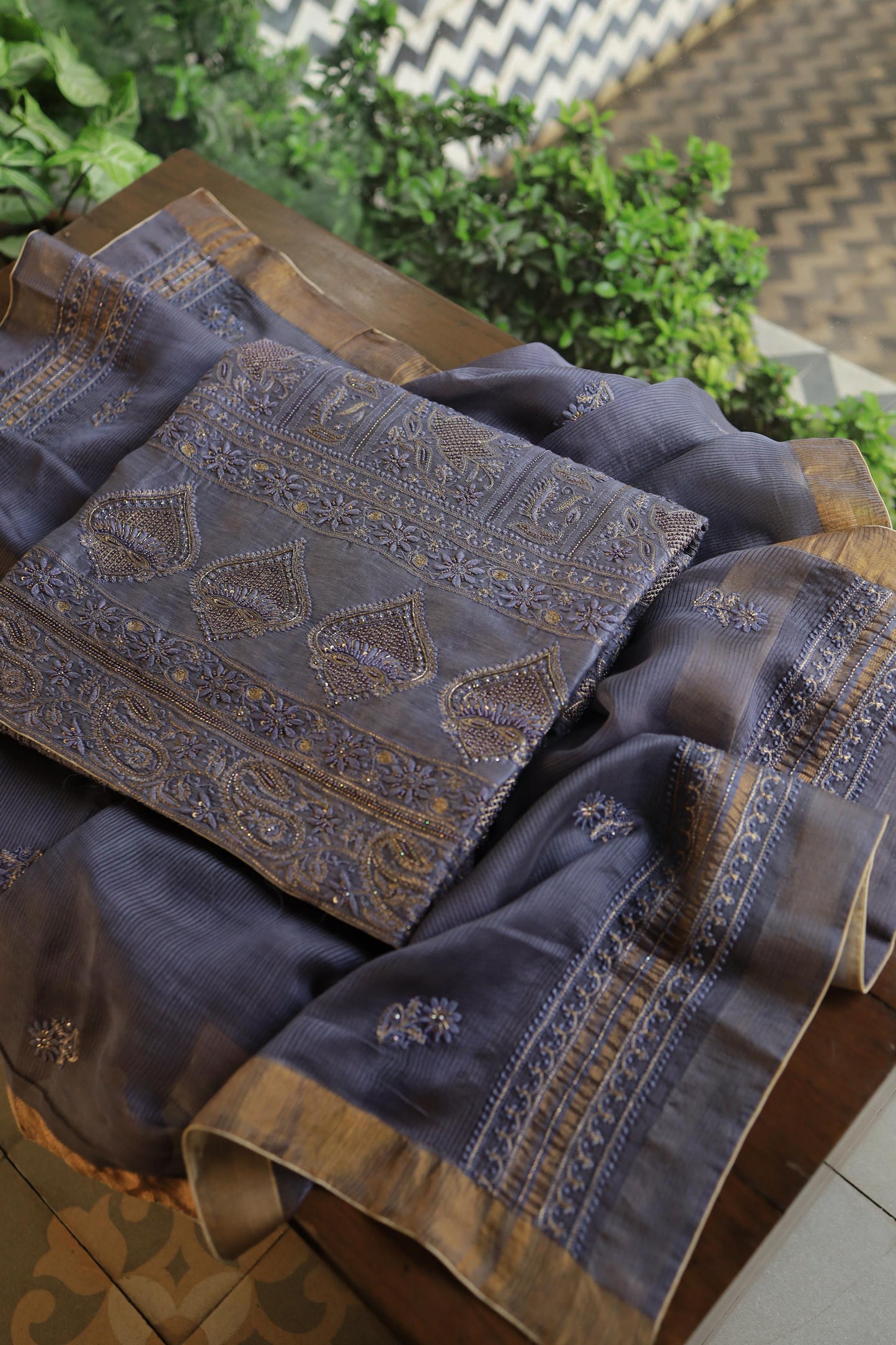 Purplish Grey Linen Silk Chikankari With Ari Work Unstitched Kurta Dupatta Set