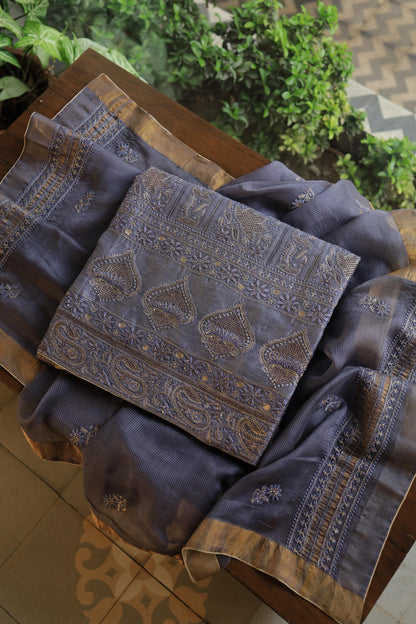 Purplish Grey Linen Silk Chikankari With Ari Work Unstitched Kurta Dupatta Set