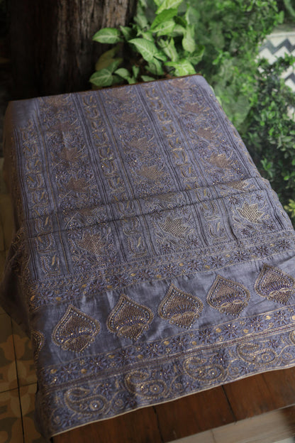 Purplish Grey Linen Silk Chikankari With Ari Work Unstitched Kurta Dupatta Set