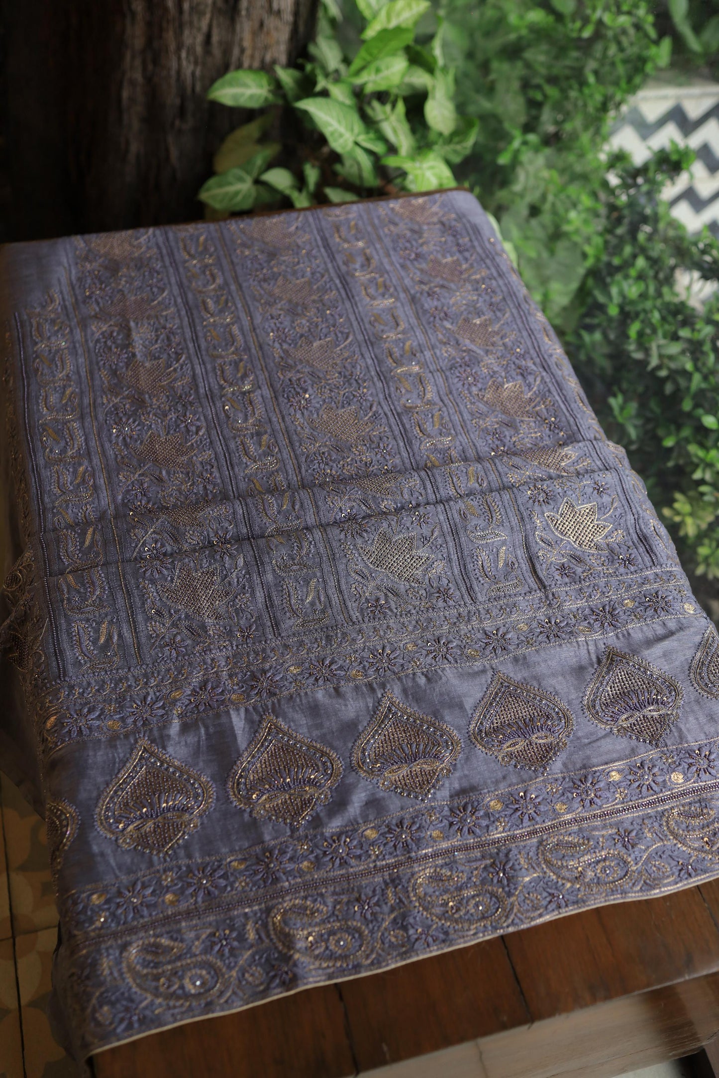 Purplish Grey Linen Silk Chikankari With Ari Work Unstitched Kurta Dupatta Set