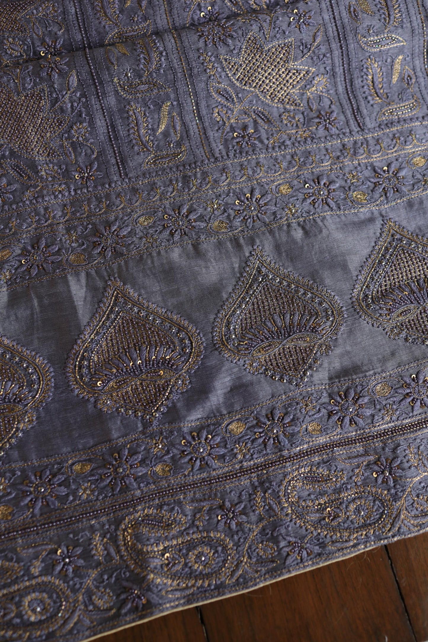 Purplish Grey Linen Silk Chikankari With Ari Work Unstitched Kurta Dupatta Set