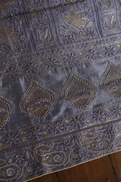 Purplish Grey Linen Silk Chikankari With Ari Work Unstitched Kurta Dupatta Set