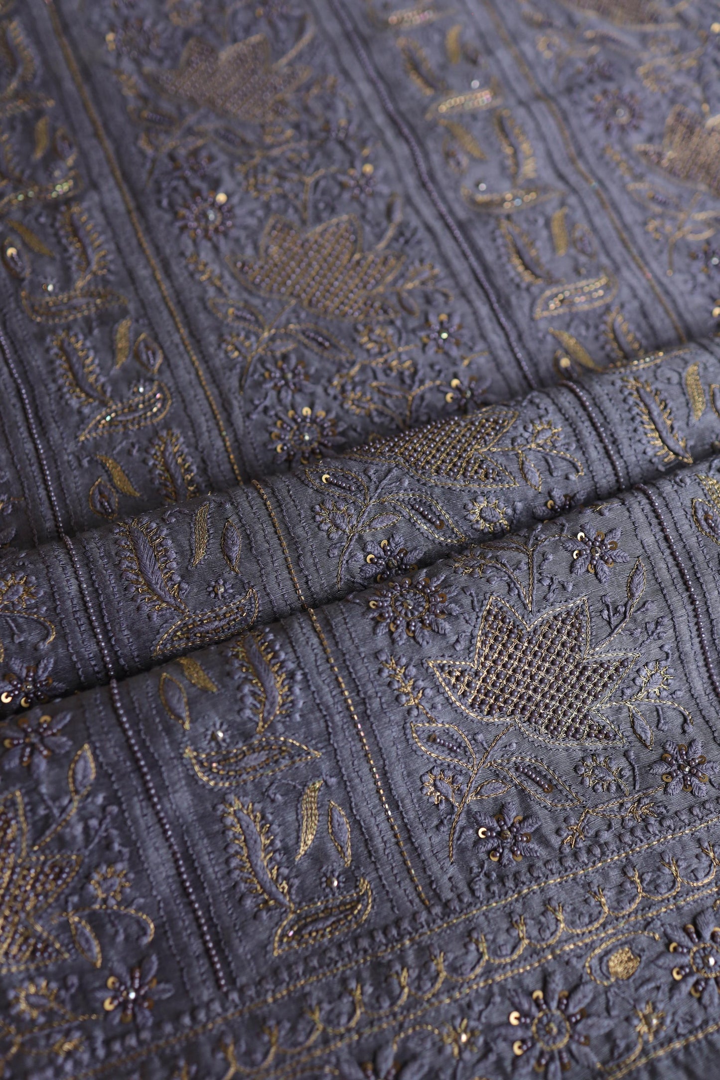 Purplish Grey Linen Silk Chikankari With Ari Work Unstitched Kurta Dupatta Set