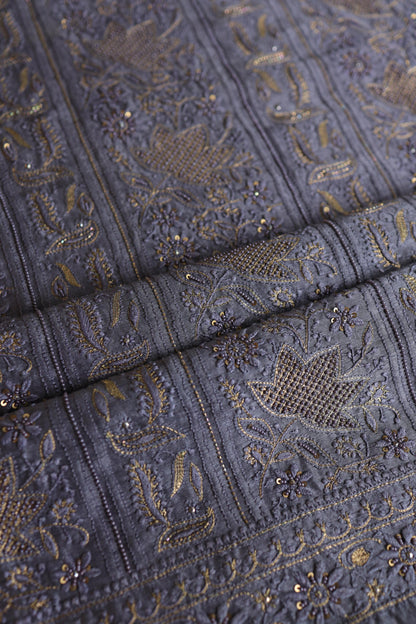 Purplish Grey Linen Silk Chikankari With Ari Work Unstitched Kurta Dupatta Set