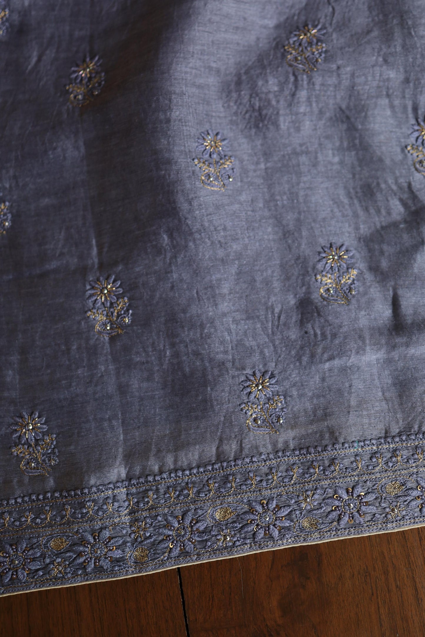 Purplish Grey Linen Silk Chikankari With Ari Work Unstitched Kurta Dupatta Set