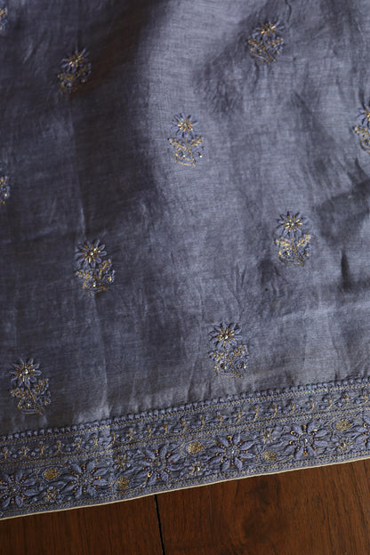Purplish Grey Linen Silk Chikankari With Ari Work Unstitched Kurta Dupatta Set