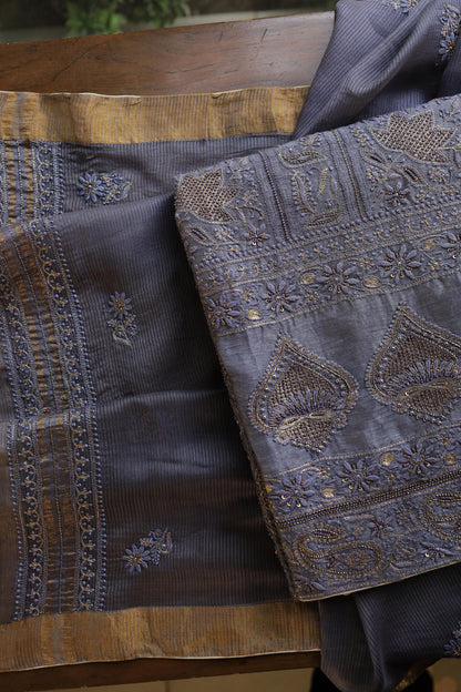 Purplish Grey Linen Silk Chikankari With Ari Work Unstitched Kurta Dupatta Set