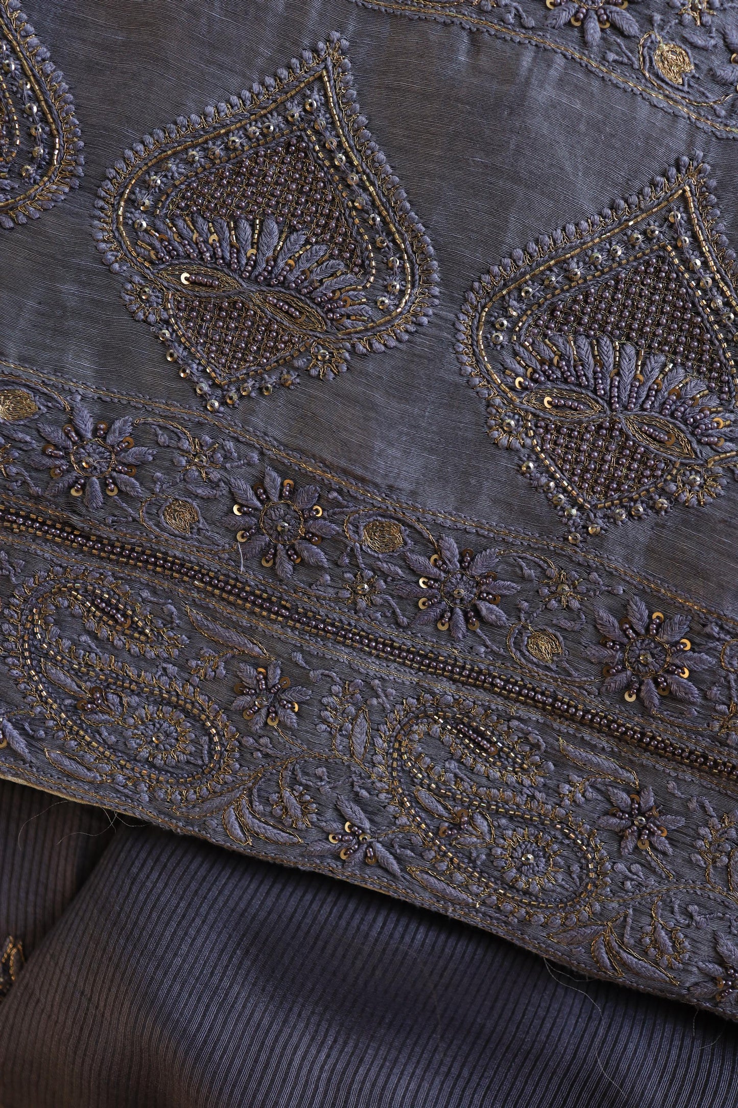 Purplish Grey Linen Silk Chikankari With Ari Work Unstitched Kurta Dupatta Set