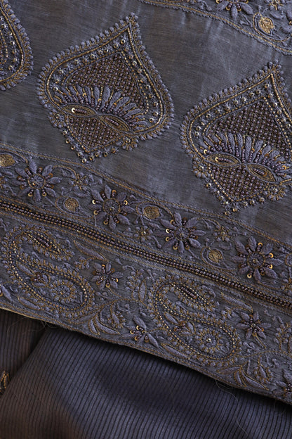 Purplish Grey Linen Silk Chikankari With Ari Work Unstitched Kurta Dupatta Set