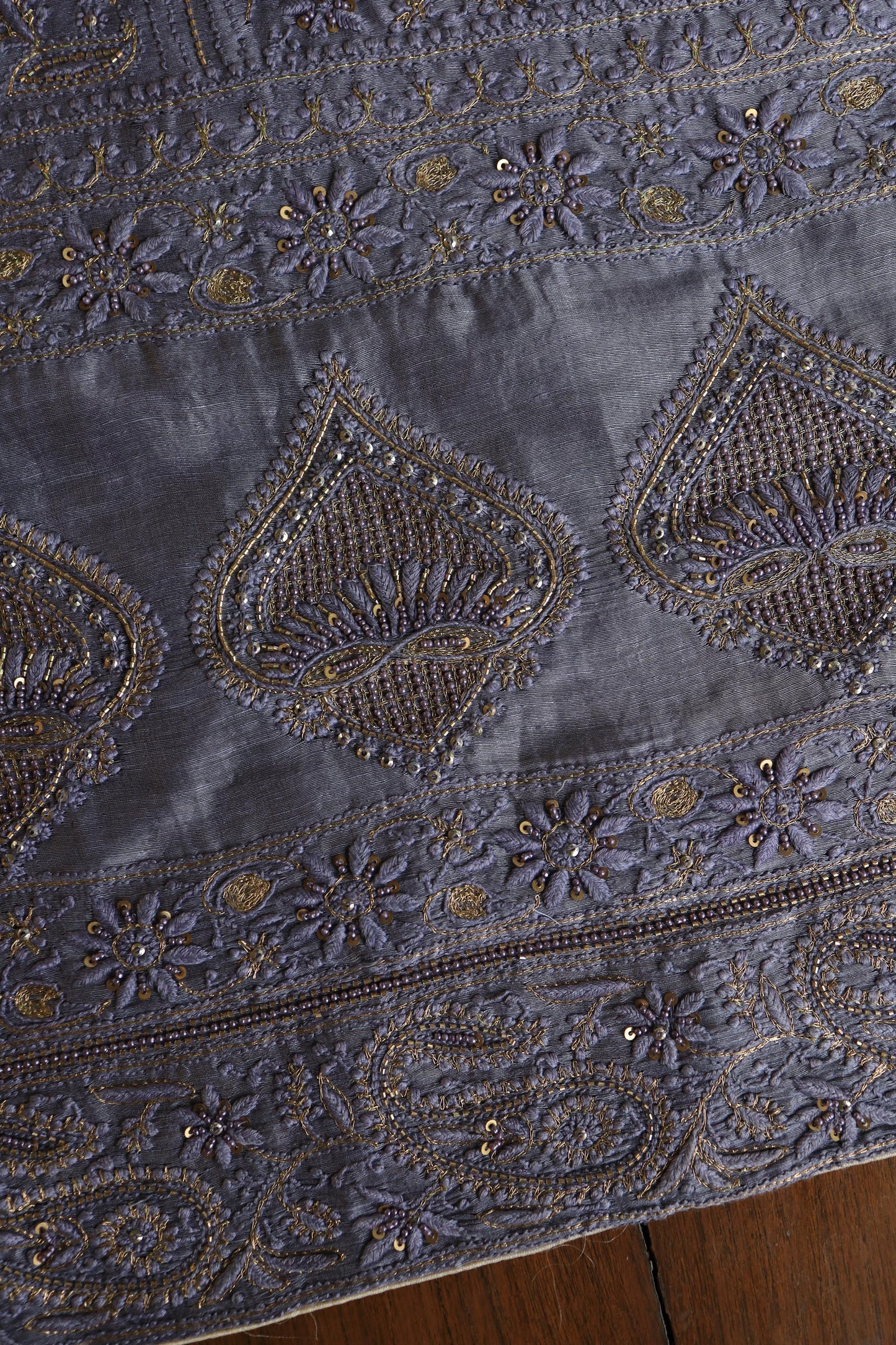 Purplish Grey Linen Silk Chikankari With Ari Work Unstitched Kurta Dupatta Set
