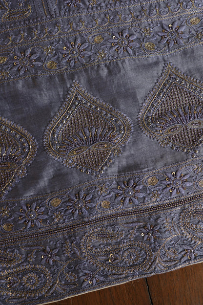 Purplish Grey Linen Silk Chikankari With Ari Work Unstitched Kurta Dupatta Set
