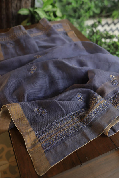Purplish Grey Linen Silk Chikankari With Ari Work Unstitched Kurta Dupatta Set