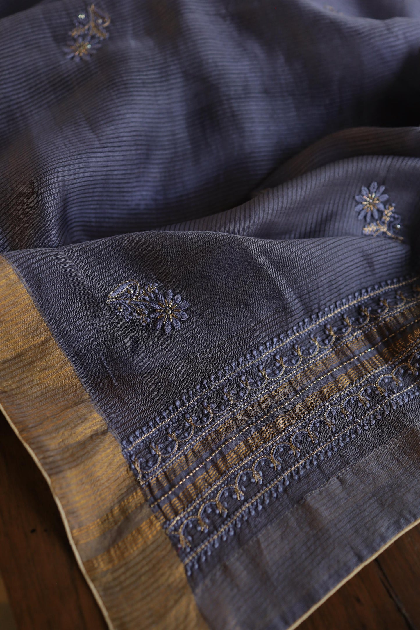 Purplish Grey Linen Silk Chikankari With Ari Work Unstitched Kurta Dupatta Set