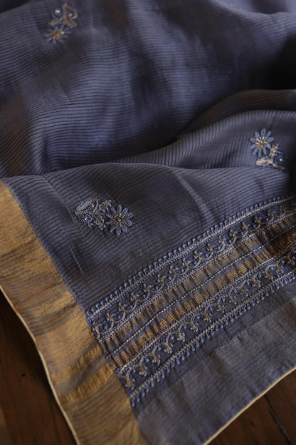 Purplish Grey Linen Silk Chikankari With Ari Work Unstitched Kurta Dupatta Set