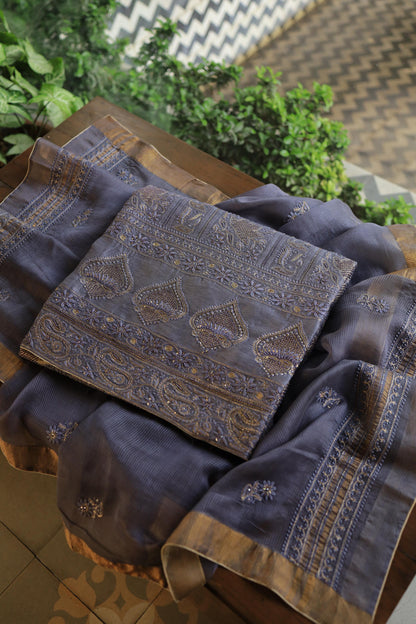 Purplish Grey Linen Silk Chikankari With Ari Work Unstitched Kurta Dupatta Set