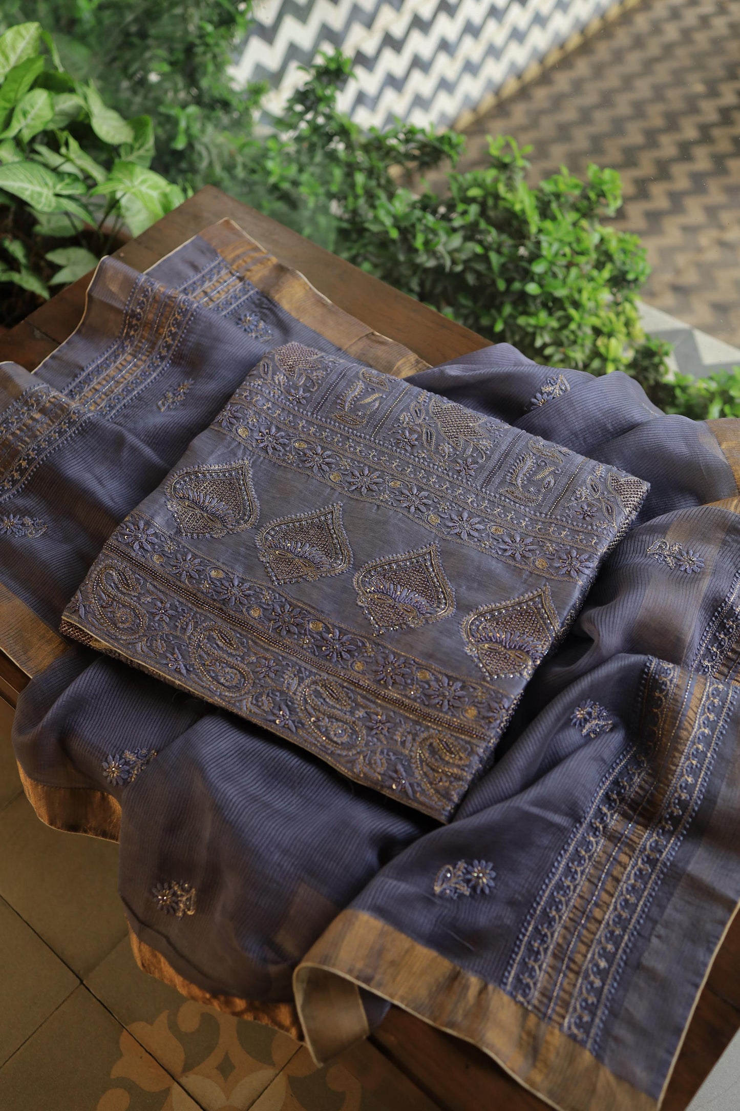 Purplish Grey Linen Silk Chikankari With Ari Work Unstitched Kurta Dupatta Set