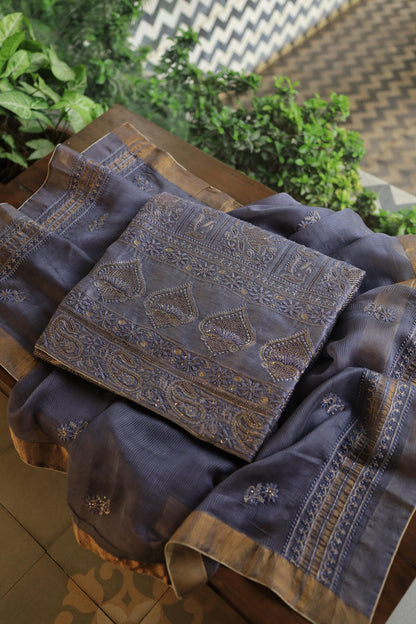 Purplish Grey Linen Silk Chikankari With Ari Work Unstitched Kurta Dupatta Set