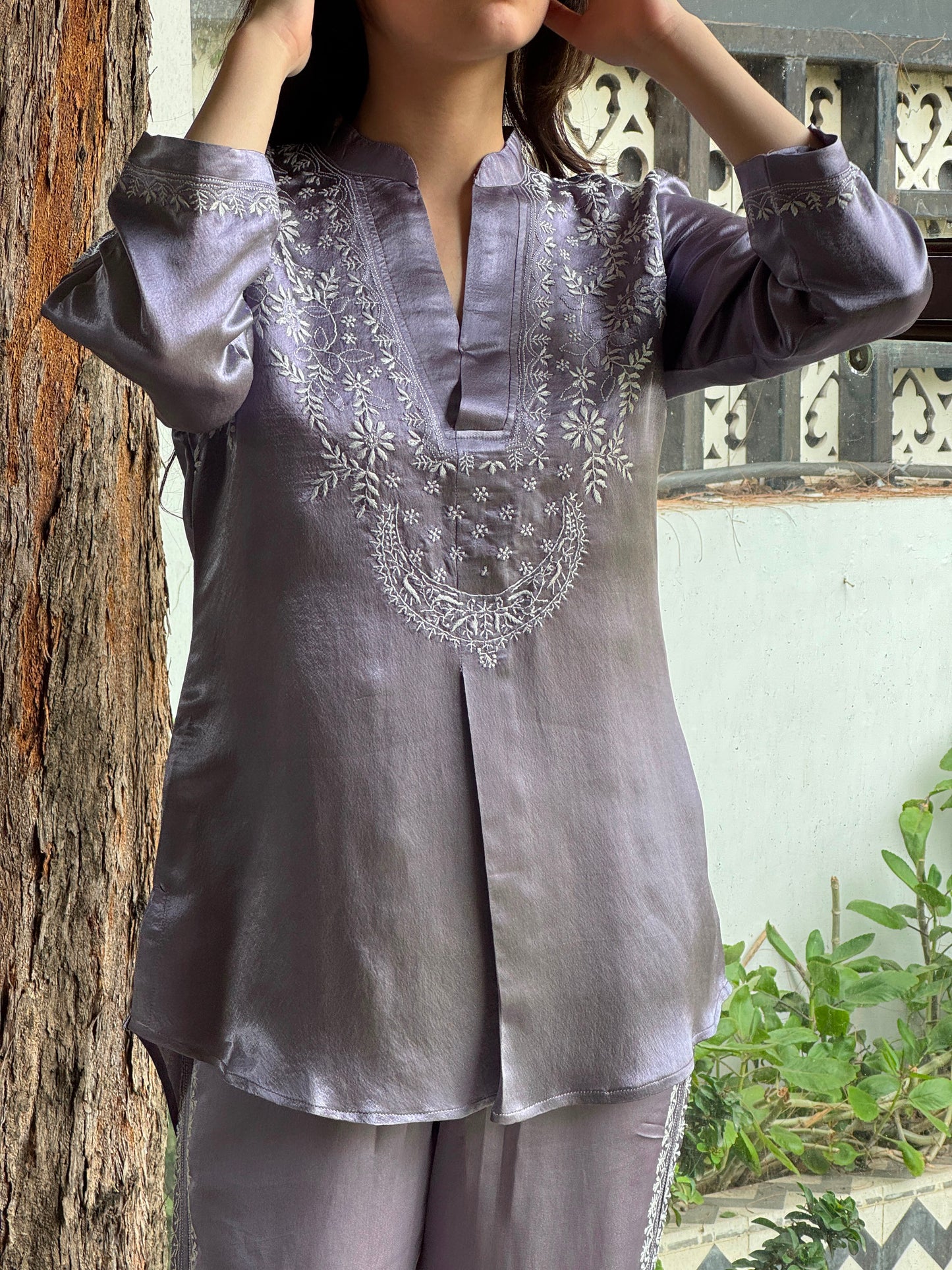 Purplish Grey Satin Shimmer Chikankari Co-Ord Set