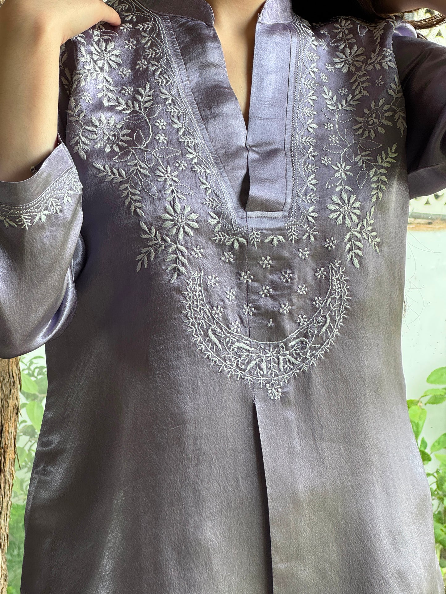 Purplish Grey Satin Shimmer Chikankari Co-Ord Set