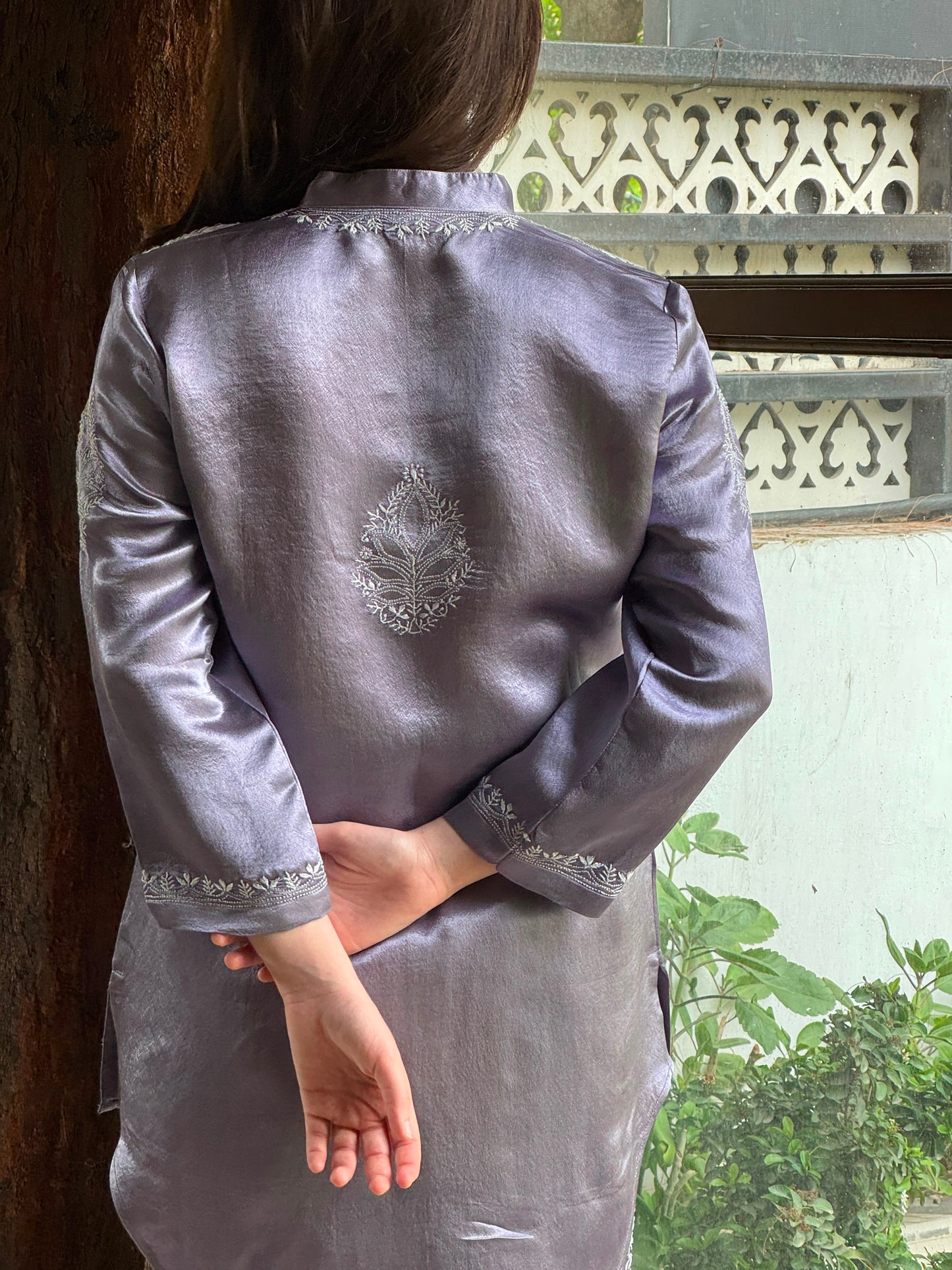 Purplish Grey Satin Shimmer Chikankari Co-Ord Set