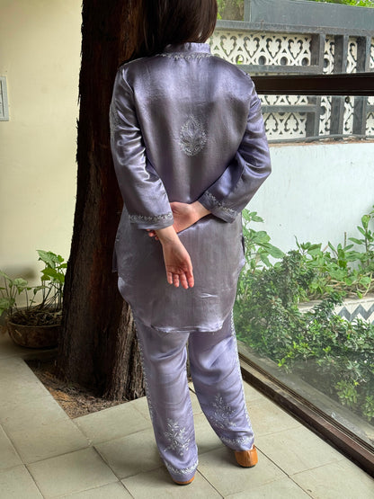 Purplish Grey Satin Shimmer Chikankari Co-Ord Set