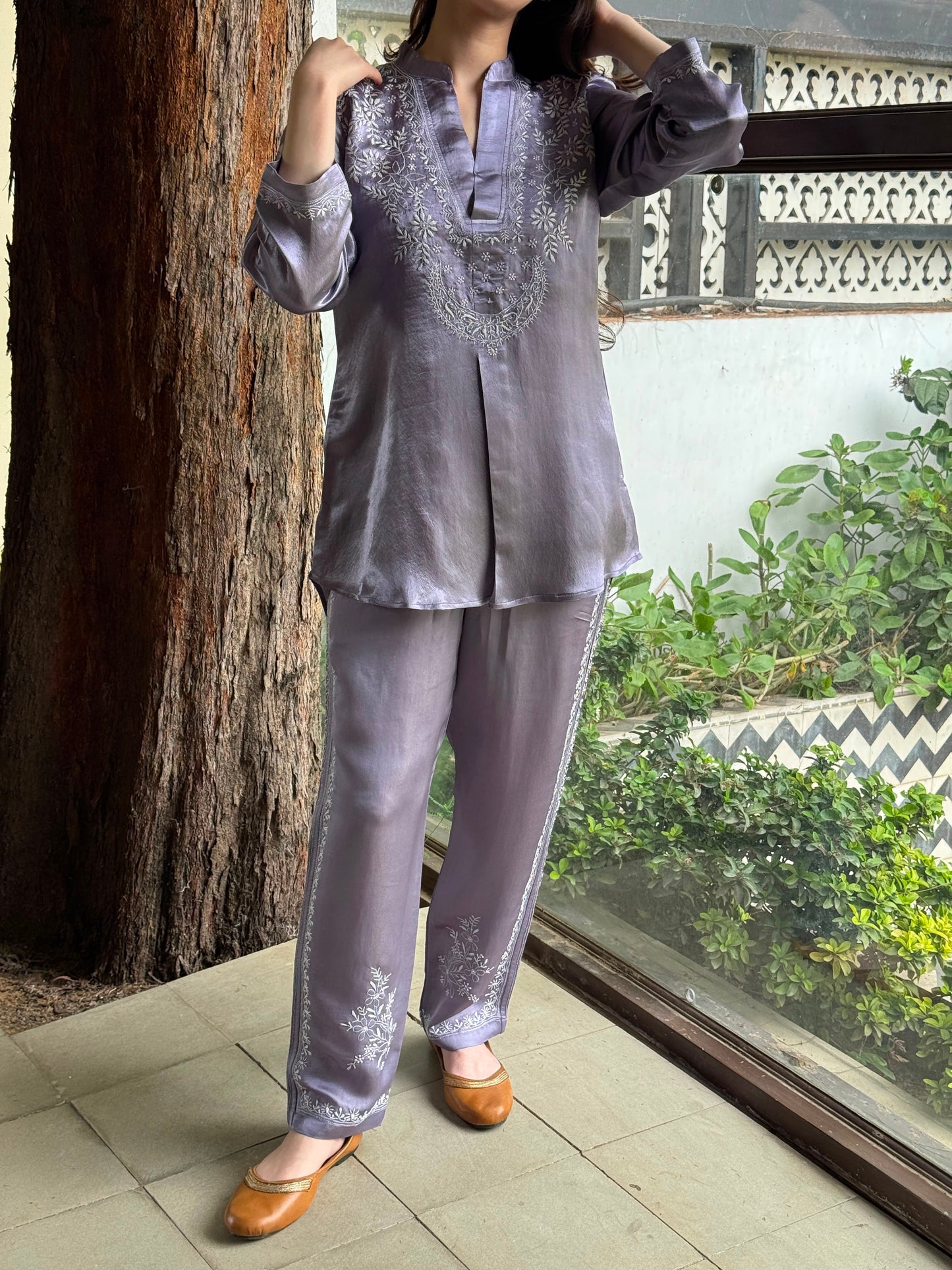 Purplish Grey Satin Shimmer Chikankari Co-Ord Set