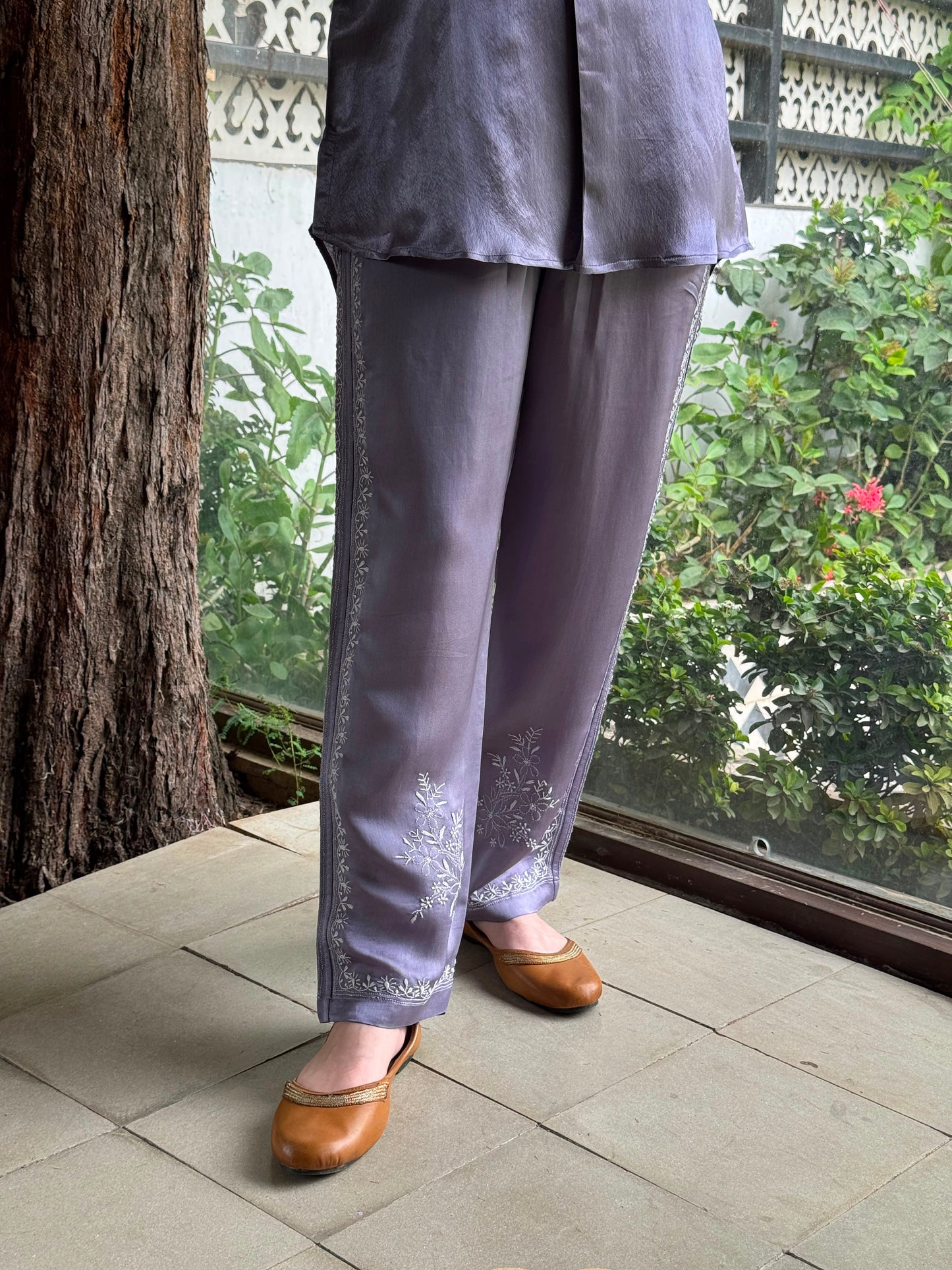 Purplish Grey Satin Shimmer Chikankari Co-Ord Set
