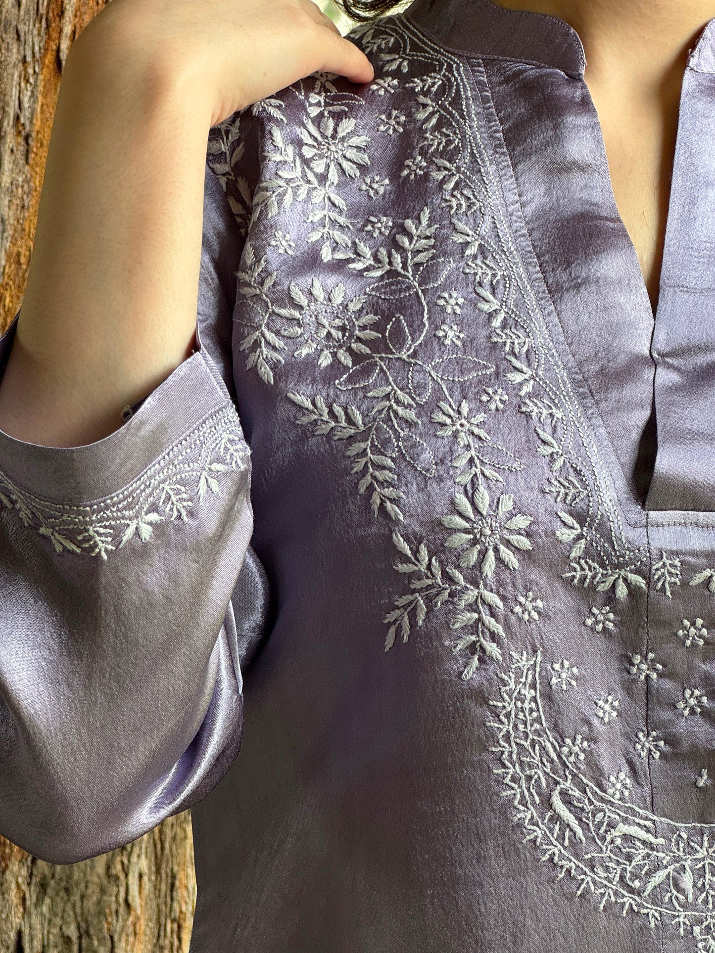Purplish Grey Satin Shimmer Chikankari Co-Ord Set
