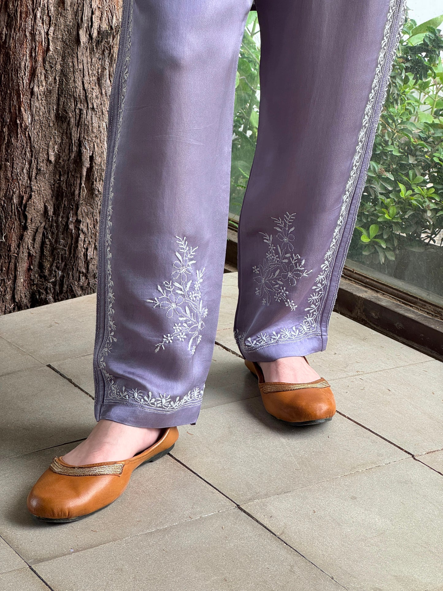 Purplish Grey Satin Shimmer Chikankari Co-Ord Set
