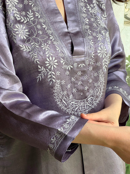 Purplish Grey Satin Shimmer Chikankari Co-Ord Set