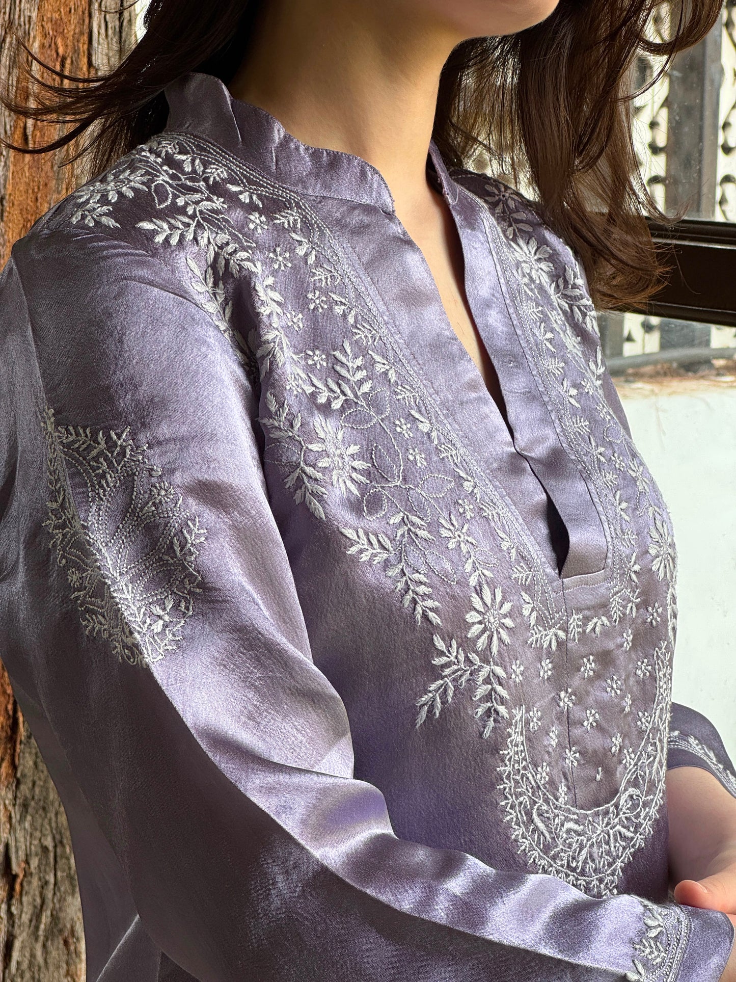 Purplish Grey Satin Shimmer Chikankari Co-Ord Set