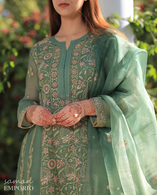 Raw Mango Green Noor Organza Chikankari Anarkali With Dupatta