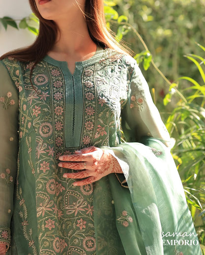 Raw Mango Green Noor Organza Chikankari Anarkali With Dupatta
