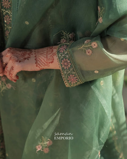 Raw Mango Green Noor Organza Chikankari Anarkali With Dupatta