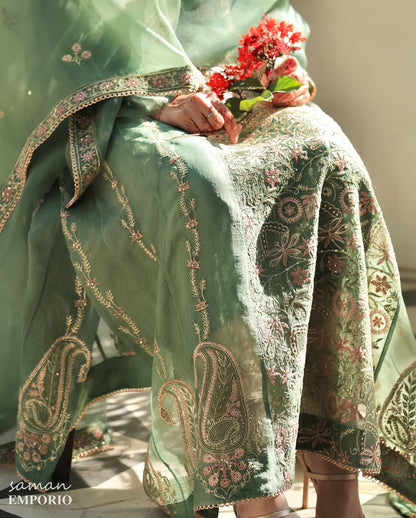 Raw Mango Green Noor Organza Chikankari Anarkali With Dupatta