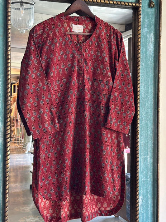 Red Ajrak Multi Shade Cotton Short Kurta