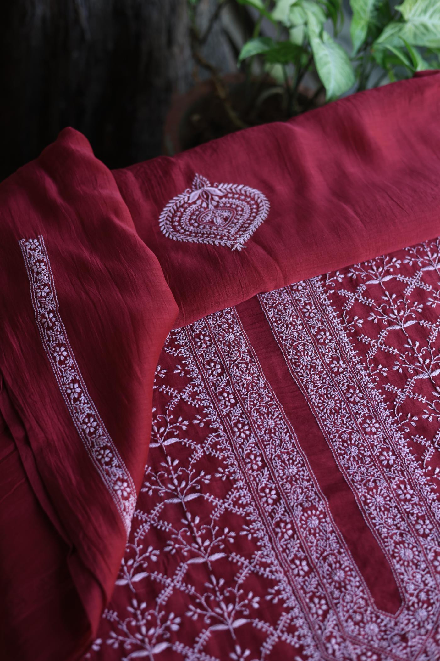 Red All Over Chikankari Malmal Unstitched Men's Kurtas Fabric
