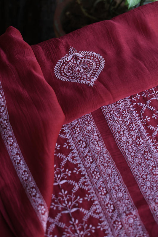 Red All Over Chikankari Malmal Unstitched Men's Kurtas Fabric